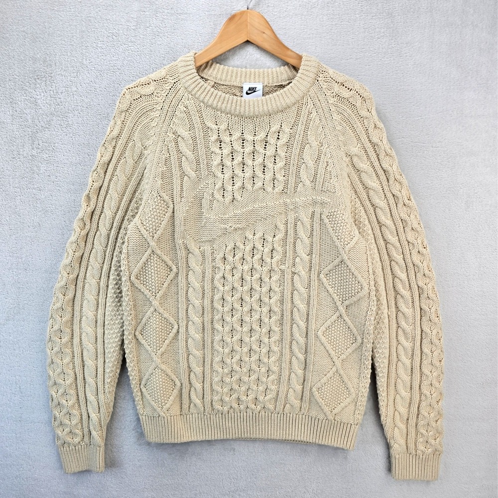 Nike Cable Knit Logo Sweater Mens XS Beige Center Swoosh Wool Blend DQ5176-206